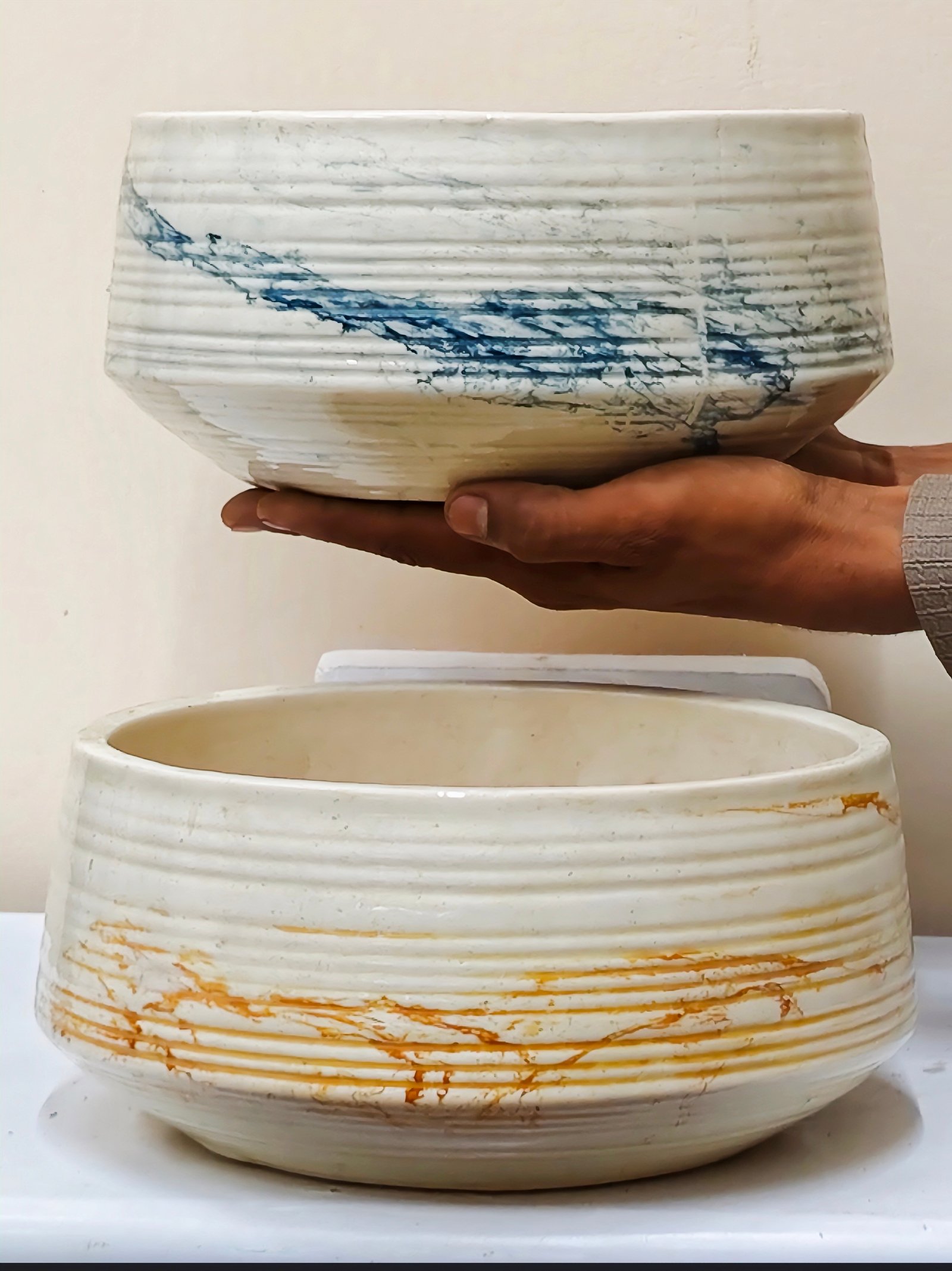 Stone Design Pottery Ceramic Bonsai Pots Set of 2